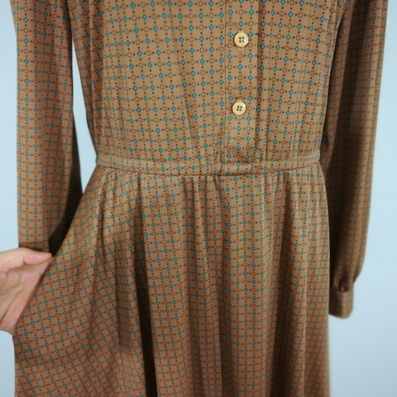 VINTAGE High Neck Tie Up Button Midi Long Dress - Picture 12 of 16